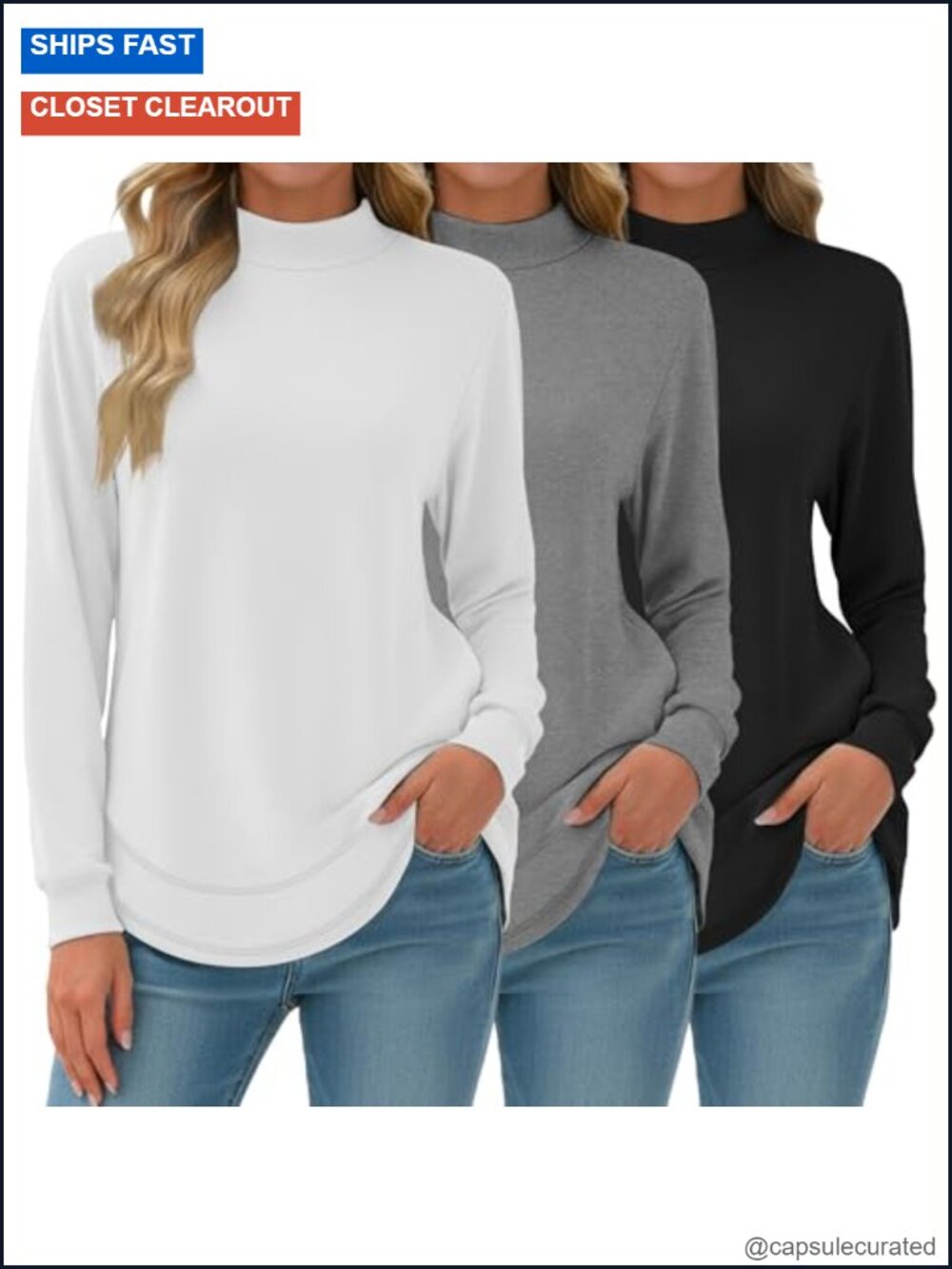 3 Pack Women's Mock Neck Sweatshirts Long Sleeve Cotton Spandex